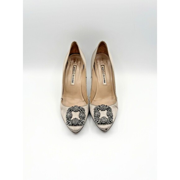 Manolo Blahnik Shoes - Manolo Blahnik Light Grey Satin Hangisi Rhinestone Embellished Heels Size EU 38
